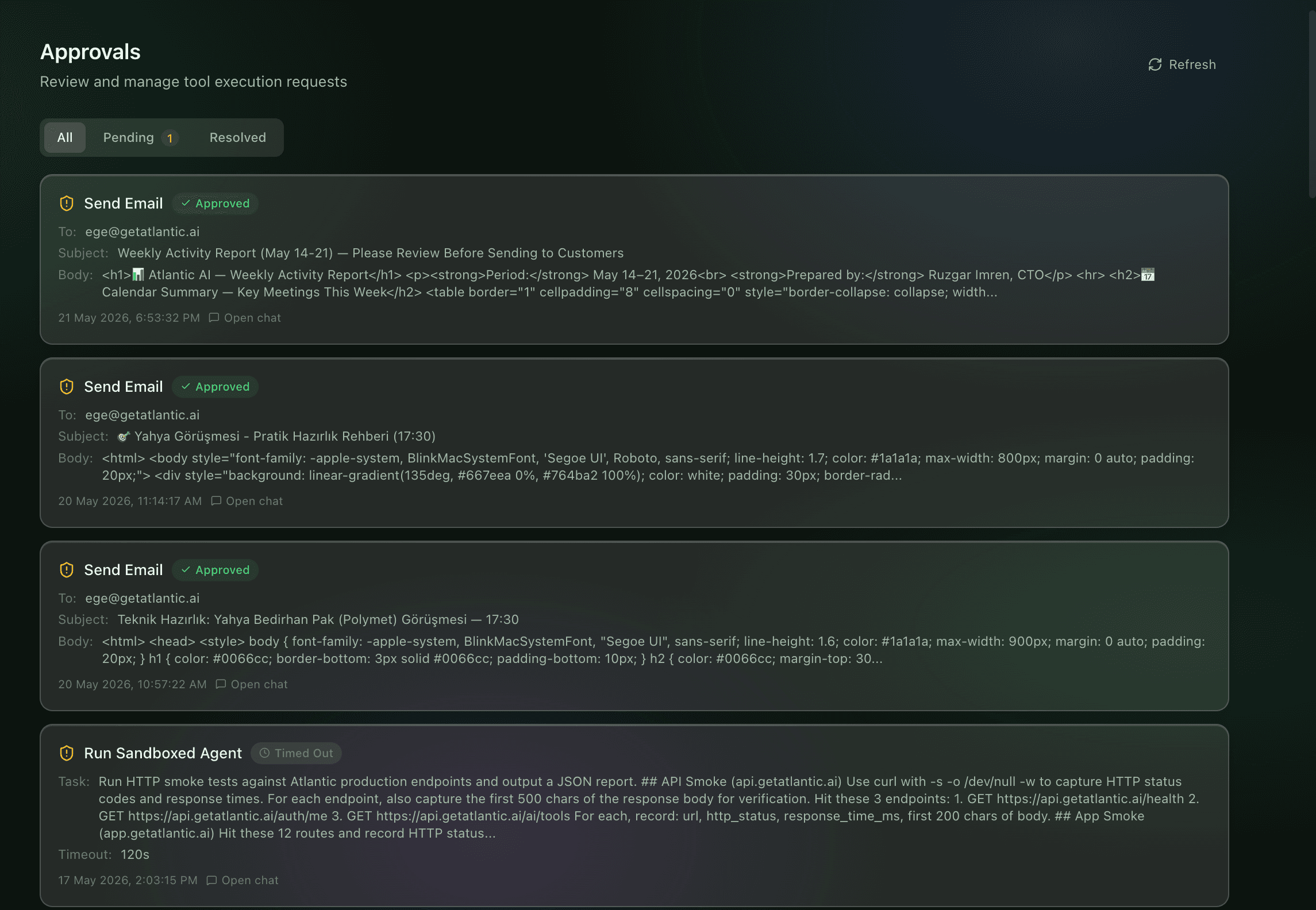 Atlantic approvals queue, every Send Email and Run Sandboxed Agent action requires explicit approval before execution