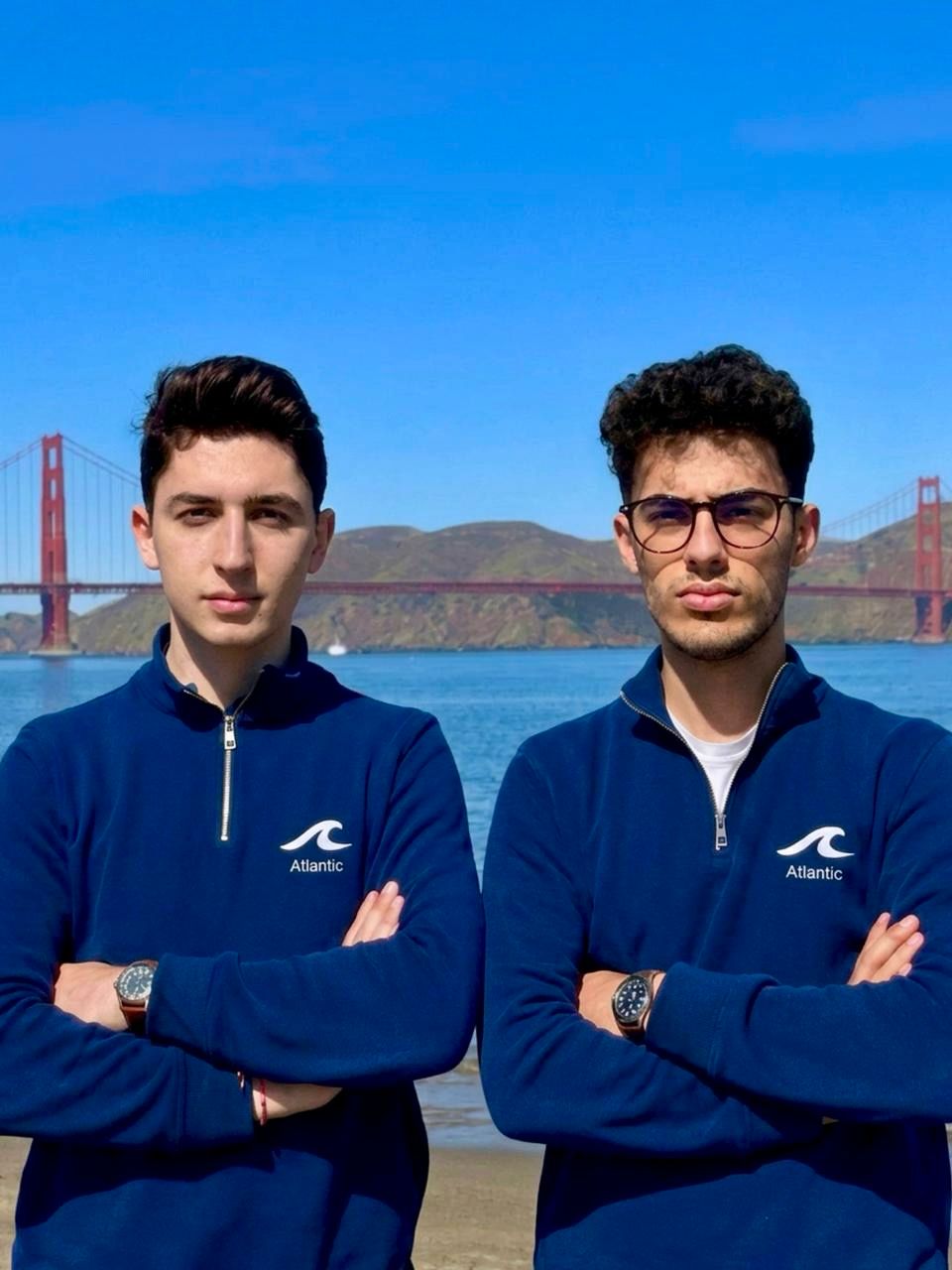 Atlantic co-founders Ruzgar Imren and Ege Mustafa Celik in San Francisco, with the Golden Gate Bridge behind them