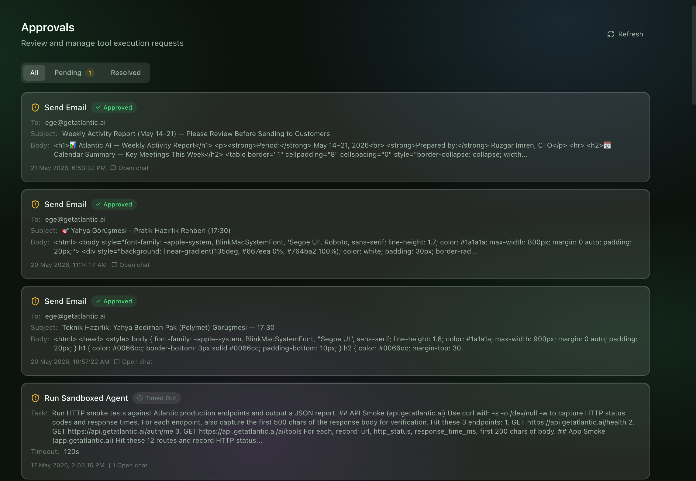 Atlantic approvals queue, every Send Email and Run Sandboxed Agent action requires explicit approval before execution